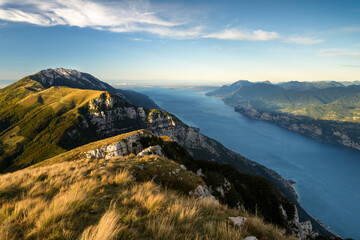 Hiking path at lake garda on the monte baldo, monte altissimo near malcesine, turble with view of...