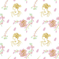 Seamless vector pattern with Ancient Greece in flat pastel colors and gold line on transparent background.Cute,antique hand drawn design for textile,fabric,wrapping paper,packaging,scrapbook paper.