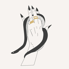 Hand drawn vector illustration of hand with snakes and long black nails. Design for print, stickers, flash tattoo.