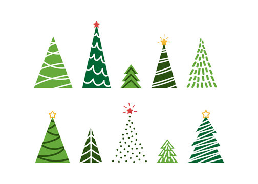 Set of stylized textured green Christmas trees. Hand drawn winter vector illustration isolated on white background
