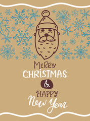 Christmas Greeting Card with doodle Christmas Santa Clausand snowflakes . Vector illustration. merry cchristmas and happy new year Perfect for a Christmas card or an elegant holiday party invitation