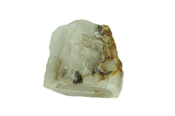 Non-metallic mineral specimen of raw Calcite rock isolated on white background. There is noise and grain caused by the texture of the stone.