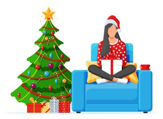 Woman Sitting Lotus Pose Holding Gift Box. Cross Legged Female Character with Christmas Present and Tree. Happy New Year Decoration. Merry Christmas Holiday. Xmas Celebration. Flat Vector Illustration