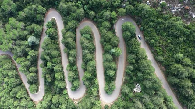 View from above, stunning aerial view of a car running along a serpentine road surrounded by green pine trees. Mount Limbara (Monte Limbara) Sardinia, Italy	