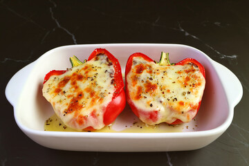 Pair of Fresh Cooked Mouthwatering Homemade Stuffed Bell Peppers with Melting Cheese