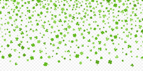 Shamrock or green clover leaves pattern background flat design vector illustration isolated on transparent background. St Patricks Day shamrock symbols decorative elements pattern.