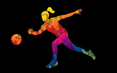 Fototapeta na wymiar Female Player Bowling Sport Bowler Action Cartoon Graphic Vector