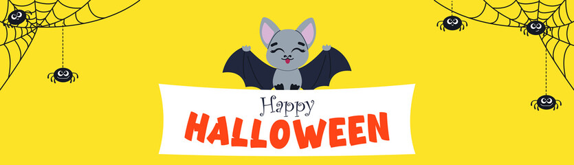 1 Wide yellow Halloween banner with cobwebs and spiders. Cute cartoon bat, Halloween, for decorating postcards. Halloween Design, Halloween Mood