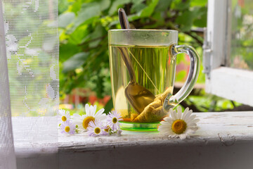 Cup with herbal camomile tea and camomile flowers