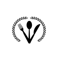 Spoon, Fork  and Knife with laurel wreath icon isolated on white background