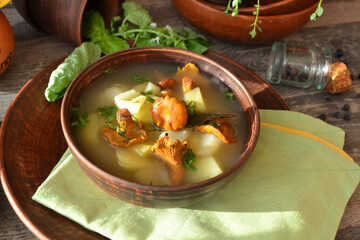 Delicious cream soup with fried chanterelles and thyme top view