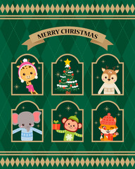 Forest animals wearing Christmas ugly sweaters peeking from window. Flat vector cartoon design