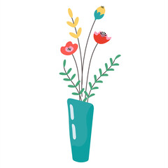 Isolated vector illustration with a delicate bouquet of decorative flowers in a vase. Minimalistic plants and herbs. Flat style, transparent background. For the design of postcards, templates, decor.