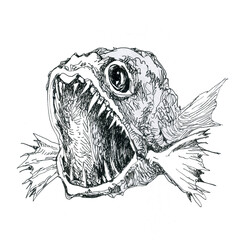 A terrible monster fish with an open mouth.
Ink drawing.