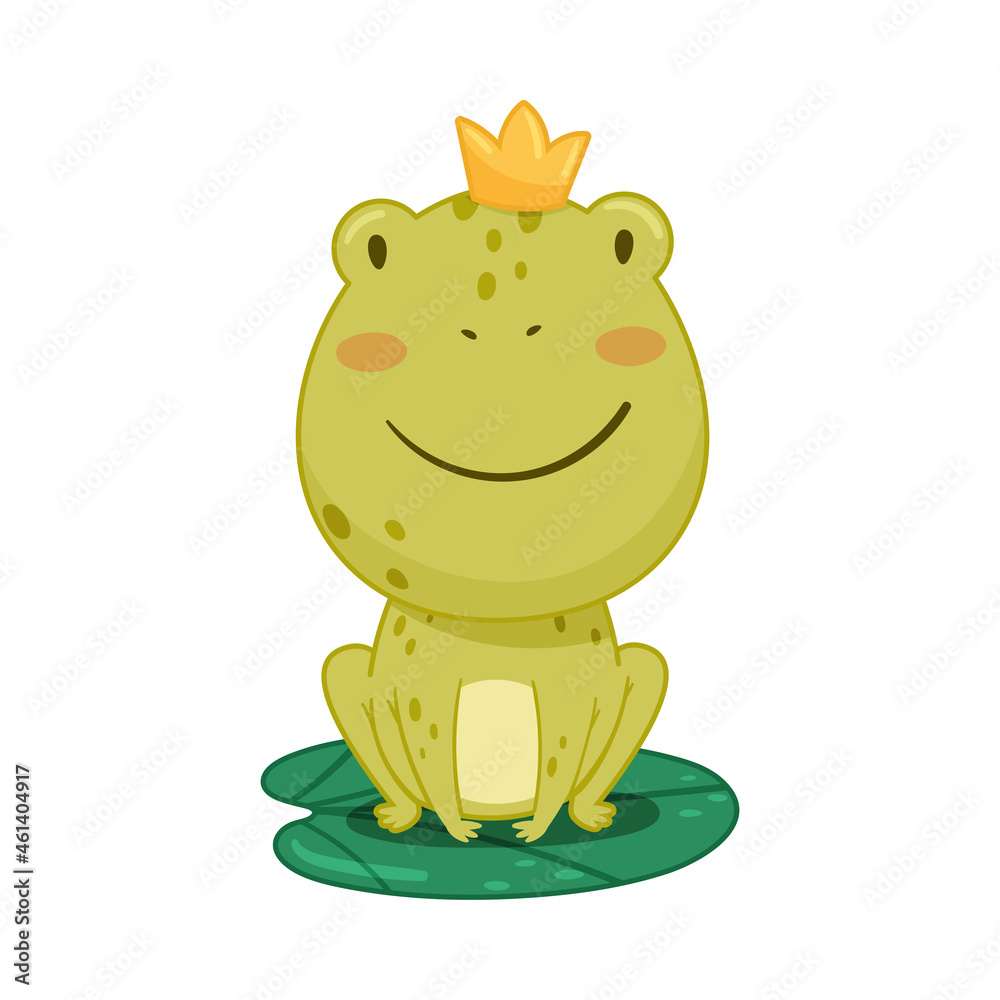 Wall mural cute frog princess sitting on lotus leaf in pond. green funny amphibian toad character cartoon vecto