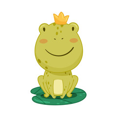 Cute frog princess sitting on lotus leaf in pond. Green funny amphibian toad character cartoon vector illustration