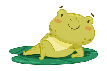 Cute frog lying on lotus leaf in pond. Green funny amphibian toad character cartoon vector illustration