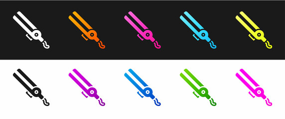 Set Curling iron for hair icon isolated on black and white background. Hair straightener icon. Vector
