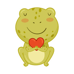 Cute frog with red bow tie. Green funny amphibian toad character cartoon vector illustration