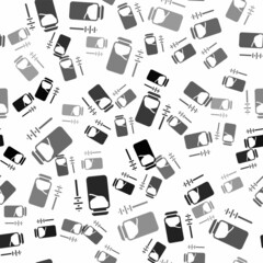 Black Jar of honey and honey dipper stick icon isolated seamless pattern on white background. Food bank. Sweet natural food symbol. Honey ladle. Vector