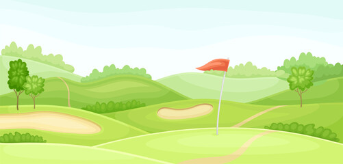 Countryside golf course with hole, sand bunker and red flag. Play tournament, competition invitation card, poster, banner, template vector illustration