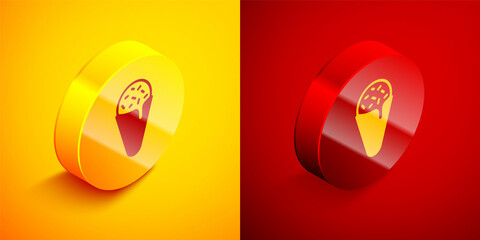Isometric Ice cream in waffle cone icon isolated on orange and red background. Sweet symbol. Circle button. Vector