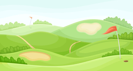 Countryside golf course with sand traps and red flag. Play tournament, competition invitation card, poster, banner, template vector illustration