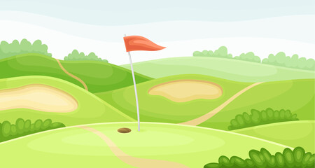 Countryside golf course with hole and red flag. Green summer beautiful landscape vector illustration