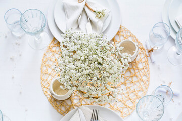 Beautiful table setting with gypsophila flowers on light background