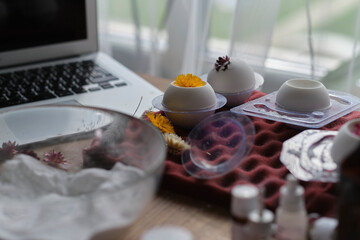 online lesson or watching a video on creating bath bombs. Online training, online classes