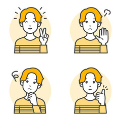 シンプルな線画の若い男性の喜怒哀楽感情ベクターイラストセット