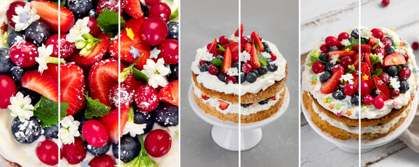 Collage of delicious homemade cake with fresh berries and mascarpone cream on wooden background.