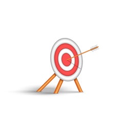 Achievement of set goals in life concept, 3d target for archery with an arrow straight to the bullseye sport vector cartoon illustration.