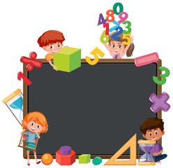 Fototapeta premium Empty blackboard with school kids and math objects