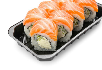 Set of delicious sushi rolls on white background