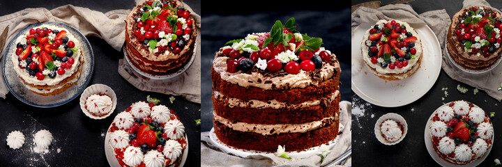 Collage of delicious homemade chocolate cake with fresh berries and mascarpone cream on dark background.