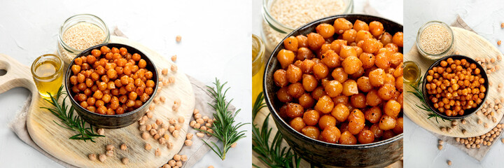 Collage of vegan healthy snack, homemade roasted chickpeas in bowl on light gray background.