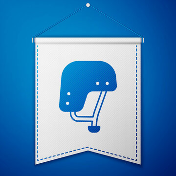Blue Skateboard helmet icon isolated on blue background. Extreme sport. Sport equipment. White pennant template. Vector