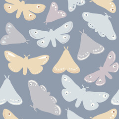 Vector seamless pattern with colorful moths on a pastel blue background