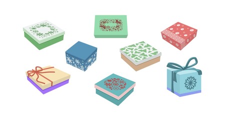 A set of New Year, Christmas and holiday boxes. The boxes are decorated with decorative elements in the form of lace, snowflakes, Christmas trees. Design element. Vector illustration.