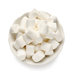 Bowl with tasty marshmallows on white  background