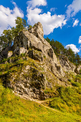Monk limestone rock massif known as Mnich in Kobylanska Valley within Jura Krakowsko-Czestochowska...
