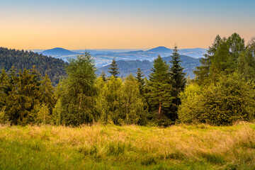 Panoramic view of Beskidy Mountains seen from path to Potrojna peak from Targanice village on northern slope of Little Beskids in Lesser Poland