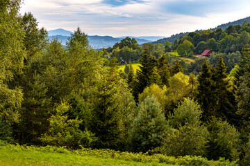 Panoramic view of Beskidy Mountains seen from path to Potrojna peak from Targanice village on northern slope of Little Beskids in Lesser Poland