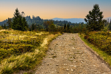 Panoramic view of Beskidy Mountains towards Babia Gora seen from Potrojna peak in Little Beskids in Lesser Poland