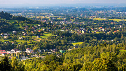 Panoramic view of northern slope of Little Beskids in of Beskidy Mountains with Targanice Village near Andrychow town in Lesser Poland