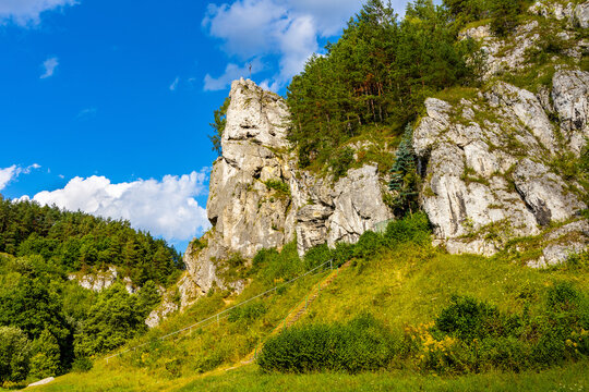 Grupa Zabiego Konia limestone rock massif with Zabi Kon rock in Kobylanska Valley within Jura Krakowsko-Czestochowska upland near Cracow in Lesser Poland