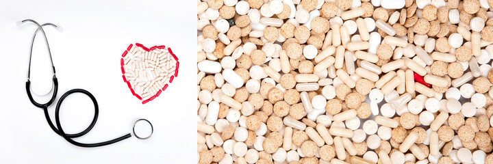 Collage food of masks, syringe, assortment of different pills and medical bottles.