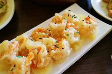 Chinese cuisine pineapple shrimp balls are made from shrimp and pineapple