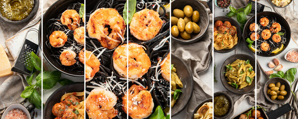 Collage of Assortment of Italian pasta with traditional snacks and sauces for dinner on white wooden background.